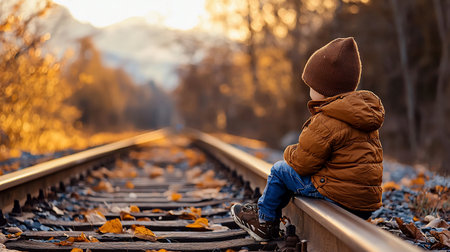 A young boy in a brown jacket and hat sits pensively on a railroad track, surrounded by fallen autumn leaves, gazing towards a blurred sunset backdrop.の素材
