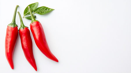 Three glossy red chili peppers, one adorned with fresh basil leaves, rest on a clean white surface, creating a minimalist culinary still life with vibrant color contrast.の素材
