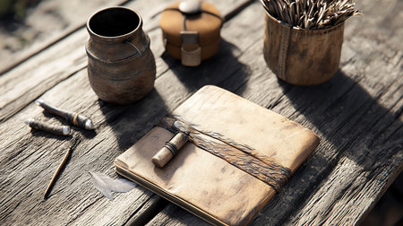A rustic still life featuring an antique journal, quill, ink, and vessels on a weathered wooden surface, evoking a sense of history, craftsmanship, and quiet contemplation.の素材
