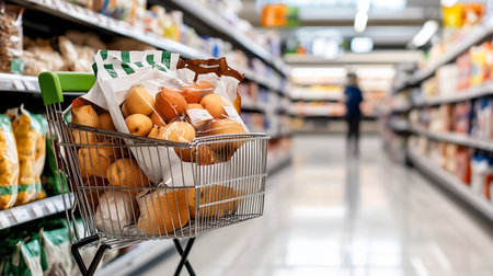 A shopping cart filled with pears in plastic bags stands in a supermarket aisle, with blurred shelves and a shopper in the background, creating a sense of everyday life.の素材