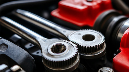 Macro shot of two silver wrenches with gear-like ends, set against a backdrop of red engine components, showcasing intricate details and mechanical precision.の素材