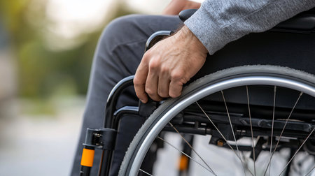 Close-up shot of a man's hand gripping the wheel of a wheelchair, set against a blurred outdoor background. Focus on accessibility, mobility, and daily life.の素材
