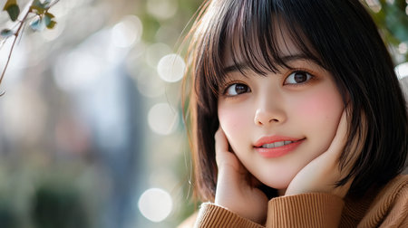 Close-up portrait of a smiling young woman with dark hair and a brown sweater, her hands gently touching her face. Bokeh lights create a soft, blurred background.の素材