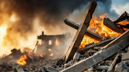 A building's ruins are consumed by flames and smoke, with concrete debris scattered around. The scene evokes destruction, loss, and the devastating impact of conflict or disaster.の素材
