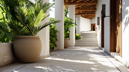 A sunlit courtyard featuring potted palm trees, white columns, and a wooden-beamed ceiling. The scene evokes a sense of tranquility and luxury, with shadows dancing on the stone floor.の素材