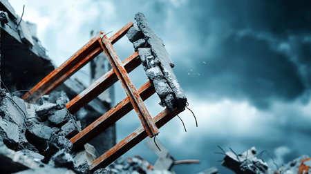 A close-up of a ruined building with an orange frame and concrete debris against a stormy sky, evoking themes of destruction, resilience, and the aftermath of disaster.の素材