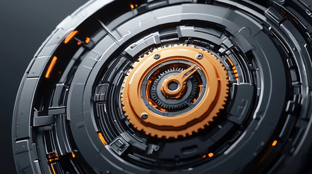 A detailed close-up of metallic gears, showcasing intricate industrial design with orange accents. The image highlights precision engineering and complex mechanical components.の素材