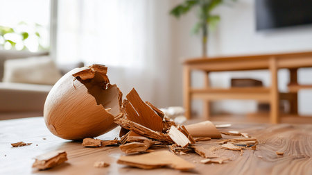 A broken wooden egg lies in pieces on a wooden table, the aftermath of an accident. The scene is set indoors, with soft, natural light illuminating the destruction.の素材