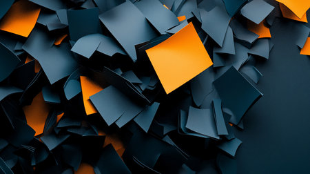 A dynamic abstract composition featuring a chaotic arrangement of dark blue and vibrant orange paper squares, creating depth and visual interest.の素材