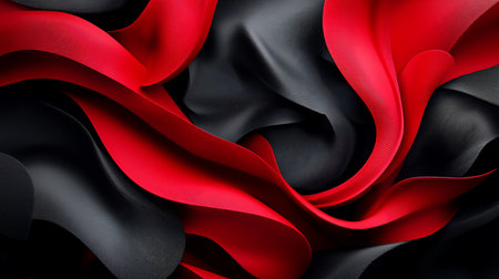 Abstract close-up of flowing red and black fabric. The textured surface and dynamic waves create a visually striking and modern composition.の素材
