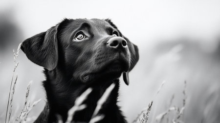 A black Labrador retriever gazes upward in a grayscale field, its eyes focused and expressive, conveying a sense of serenity and curiosity in a natural setting.の素材