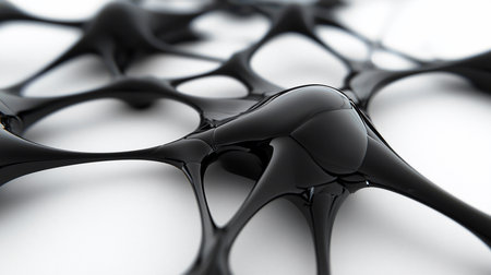 Close-up of a glossy black network structure against a white background. The abstract design features smooth curves and interconnected shapes, creating a modern, futuristic aesthetic.の素材