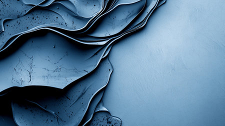 Abstract blue background featuring fluid, wave-like shapes with textured surfaces and splatter details. The composition offers a minimalist aesthetic with a clean, modern feel.の素材