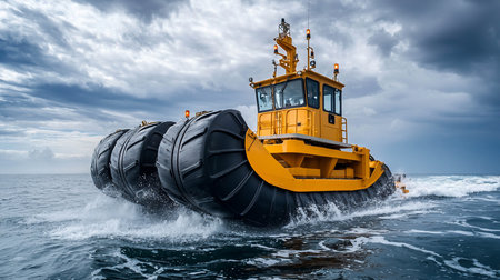 A bright yellow amphibious vehicle with oversized black tires churns through the ocean, creating white water splashes against a backdrop of a cloudy sky.の素材