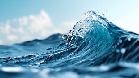 A vibrant, close-up shot of a wave cresting, showcasing the power and beauty of the ocean. Splashes of water are frozen in time against a soft blue sky.の素材
