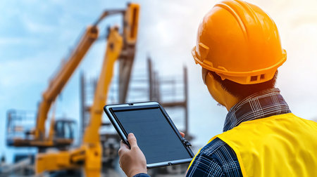 A construction supervisor in a hard hat and safety vest reviews site plans on a tablet, with a yellow excavator and construction framework visible in the background.の素材