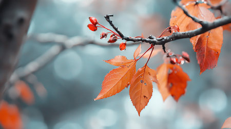 A close-up of a branch with vibrant orange leaves and red berries, adorned with water droplets, against a soft, blurred background, evoking a sense of autumn's beauty.の素材
