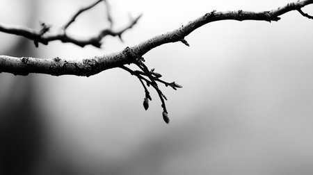 A stark, monochrome image captures a bare tree branch with emerging buds, set against a blurred, overcast sky, symbolizing resilience and the quiet beauty of winter.の素材