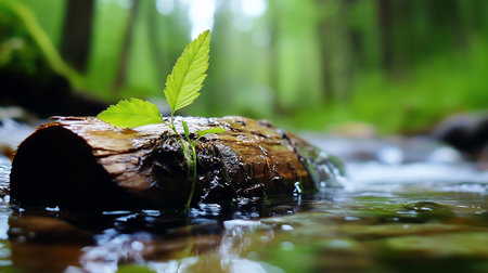 A vibrant green sprout emerges from a decaying log in a forest stream, symbolizing resilience and new beginnings. Soft light filters through the trees, creating a serene, hopeful mood.の素材