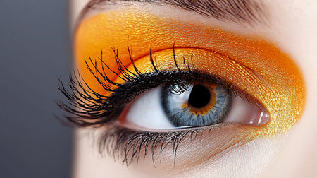 Close-up of a woman's eye, featuring vibrant golden eyeshadow, long, dramatic lashes, and a captivating blue iris with a hint of gold. The image showcases makeup artistry and eye detail.の素材