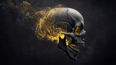 A striking image of a dark, textured skull engulfed in golden flames against a black background, creating a dramatic and ethereal effect. The skull's details are highlighted by the fire.の素材