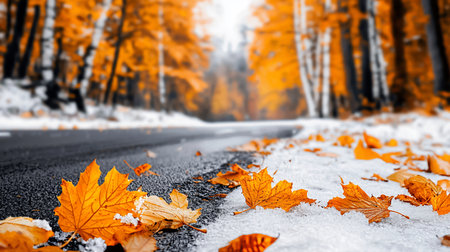 Close-up of golden maple leaves scattered on a snowy roadside, with a blurred road and autumn-colored trees in the background, capturing the transition from fall to winter.の素材