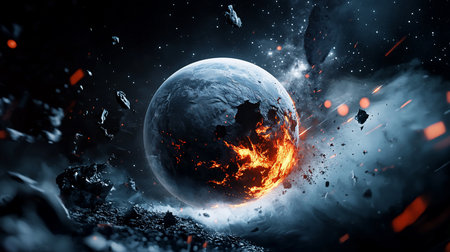 A planet undergoes a cataclysmic event, its core exposed in fiery hues, surrounded by cosmic debris and a starry void, creating a dramatic and awe-inspiring scene.の素材