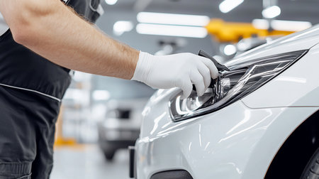 Close-up of a gloved hand polishing a white car's headlight in a bright garage, showcasing meticulous auto detailing and car care.の素材