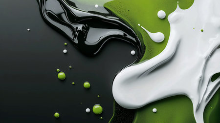 An abstract composition featuring swirling black, white, and green fluids. Spherical accents add depth, creating a visually striking and modern design.の素材