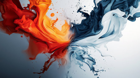 Abstract artwork featuring dynamic swirls of orange and blue paint on a white background, creating a sense of movement and contrast. Splatters add texture and depth.の素材