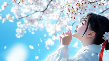 A woman in a white kimono gently holds a cherry blossom, gazing upwards at the blooming branches against a bright blue sky, evoking peace and springtime beauty.の素材