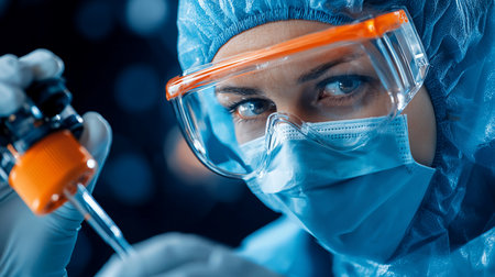 Intense close-up of a scientist in full protective gear, including mask and goggles, carefully using a pipette in a lab setting. The image highlights precision and focus.の素材