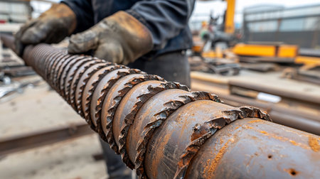 A gloved worker holds a large, rusty metal pipe with toothed edges in an industrial setting. The close-up shot emphasizes the texture and wear of the metal.の素材