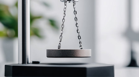 A gray, textured disc levitates, suspended by two silver chains. The device sits on a black base, showcasing modern technology and minimalist aesthetics in a bright, clean setting.の素材