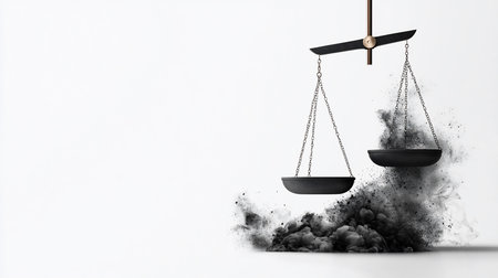Scales of justice are unbalanced, one side engulfed in dark smoke, symbolizing injustice or corruption. The image is set against a stark white background.の素材