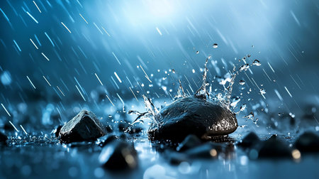 A close-up of rain falling on rocks, creating splashes and ripples in the water. The scene is bathed in a cool blue light, enhancing the serene and calming mood.の素材