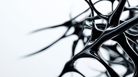 Abstract black glossy network against a white background. The smooth, reflective surface creates a modern, minimalist design element. The composition is clean and visually striking.の素材