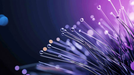 Abstract close-up of fiber optic strands with glowing tips, set against a dark purple and blue bokeh background, creating a futuristic and technological feel.の素材