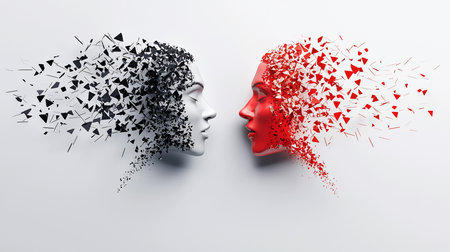 Abstract image featuring two facing female faces, one dissolving into black fragments, the other into red, against a clean white backdrop, symbolizing duality and emotional contrast.の素材