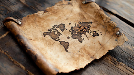 Antique-style world map scroll with a prominent compass rose, resting on a weathered wooden surface, evokes a sense of exploration, history, and vintage charm.の素材
