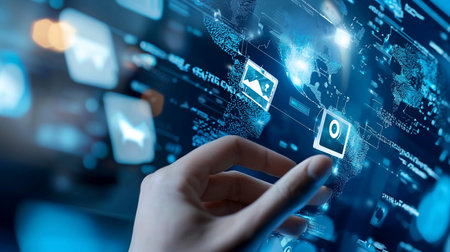 A hand interacts with a holographic interface, navigating a world map and icons. The scene is bathed in blue light, suggesting a futuristic, technological environment.の素材