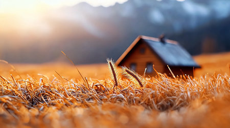 A cozy cabin nestled in a golden meadow, bathed in warm sunlight. Focus on the foreground grasses, with mountains blurred in the background. Serene, peaceful, and idyllic.の素材