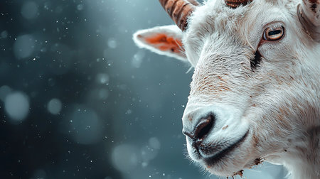 A detailed close-up captures a white goat's face in falling snow. The image features soft, diffused lighting and a shallow depth of field, creating a moody, wintery atmosphere.の素材
