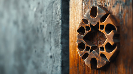 Close-up of a wooden door with an ornate, geometric ornament. The warm, brown tones of the wood contrast with the cool, gray wall. The intricate design adds depth and texture.の素材