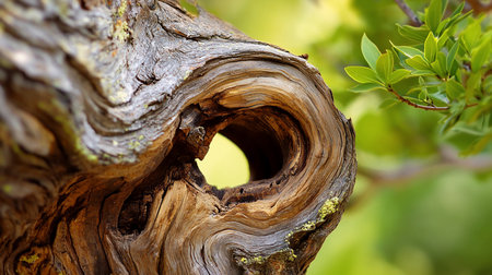 Close-up of a weathered tree branch featuring a circular hole, set against a soft, blurred background of green foliage. The wood's texture is detailed, with visible cracks and patterns.の素材