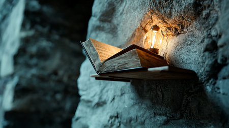 An open, aged book rests on a wooden shelf against a rough stone wall, illuminated by a warm Edison bulb, creating a sense of mystery and knowledge.の素材