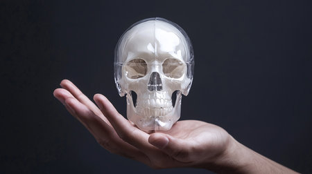 A human hand gently holds a transparent skull against a dark background, showcasing anatomical details. The lighting highlights the skull's structure and the hand's texture.の素材