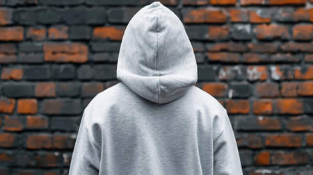 Back view of a person in a gray hoodie standing against a weathered brick wall. The image evokes a sense of anonymity and urban mystery.の素材
