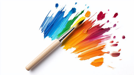 A paintbrush sweeps across a white surface, leaving a trail of vibrant rainbow-colored paint strokes. The composition highlights the brush's movement and the paint's texture.の素材