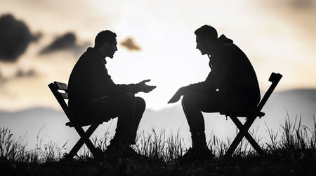 Two silhouetted men sit on folding chairs in a grassy field, engaged in a deep conversation against a bright, hazy sunset. The composition emphasizes their connection.の素材